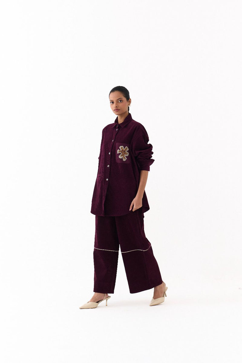 OVERSIZED U HEM SHIRT-WINE corduroy by THREE for women in Singapore