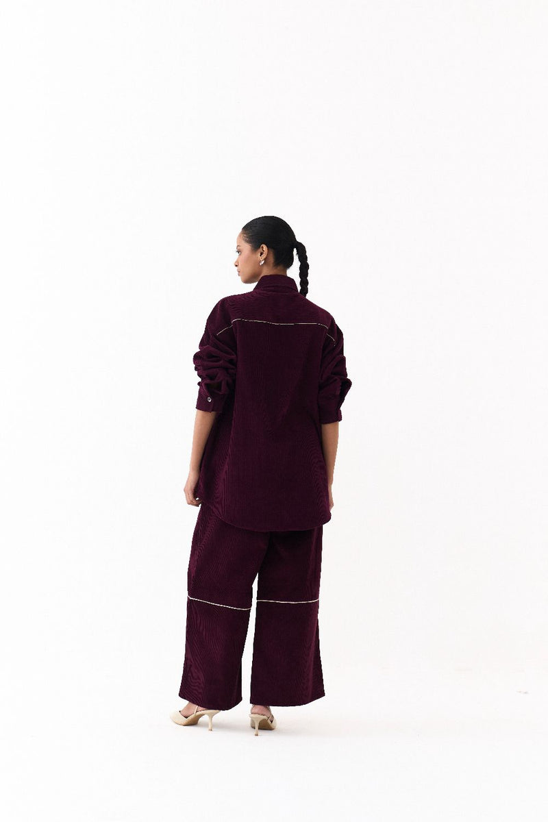 OVERSIZED U HEM SHIRT-WINE corduroy by THREE for women in Singapore