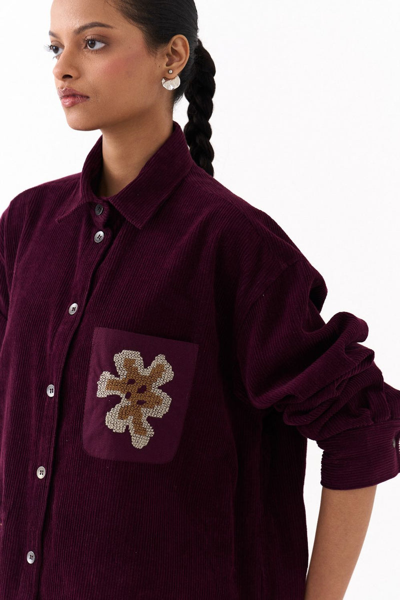 OVERSIZED U HEM SHIRT-WINE corduroy by THREE for women in Singapore