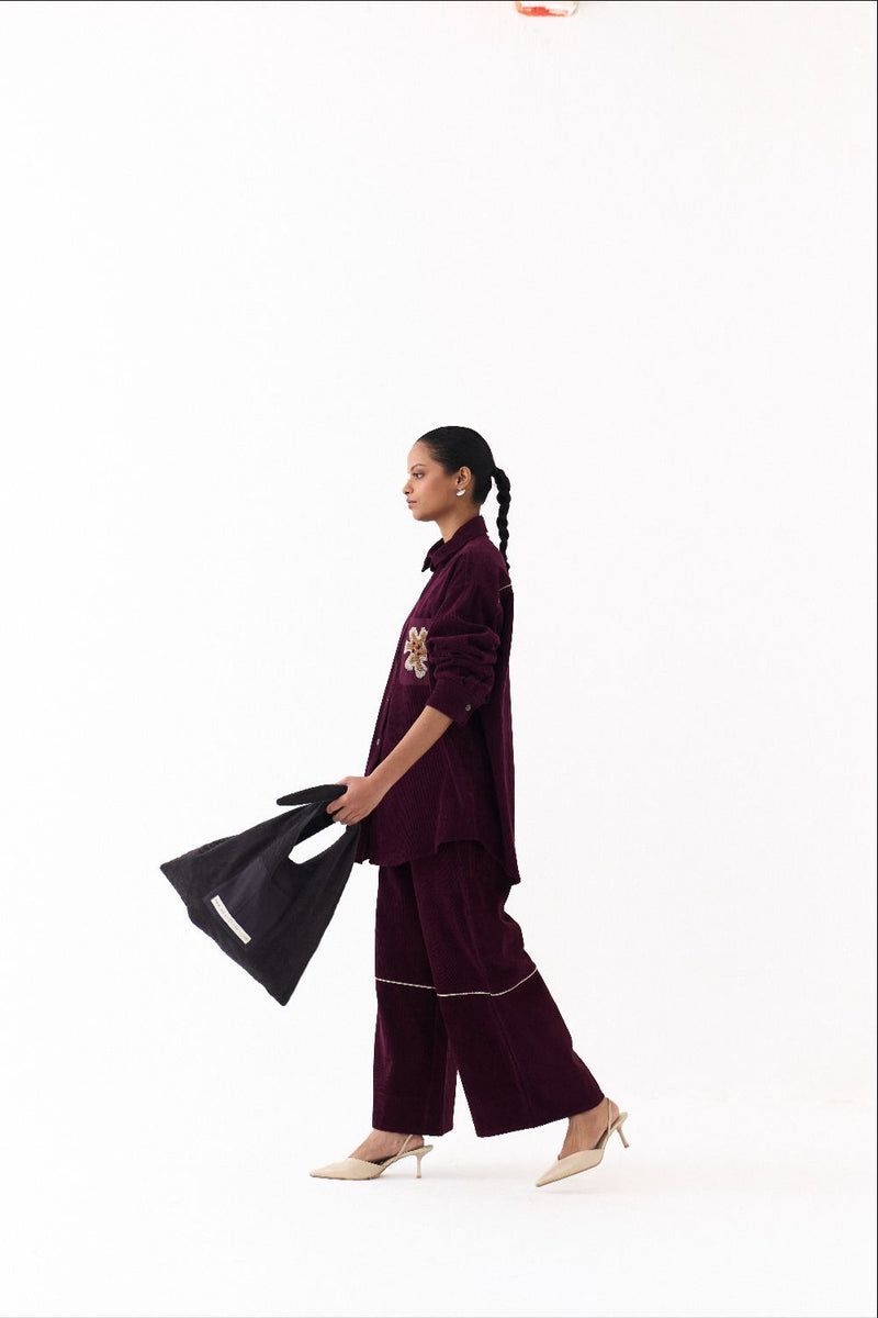 OVERSIZED U HEM SHIRT-WINE corduroy by THREE for women in Singapore