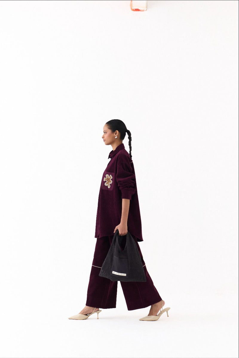 OVERSIZED U HEM SHIRT-WINE corduroy by THREE for women in Singapore