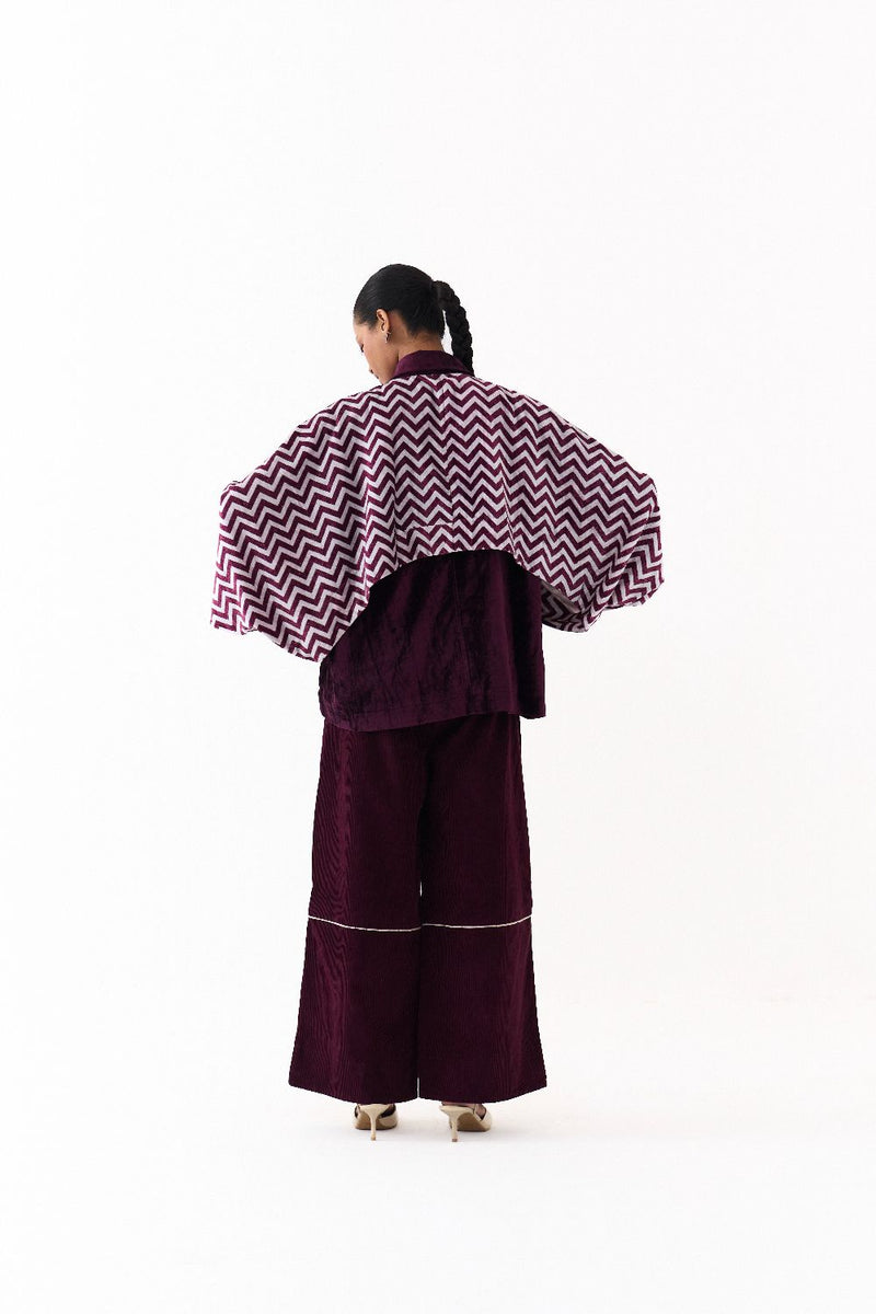 SHORT BAT SLEEVE JACKET CO ORD (SET OF 2)-WINE corduroy by THREE for women in Singapore