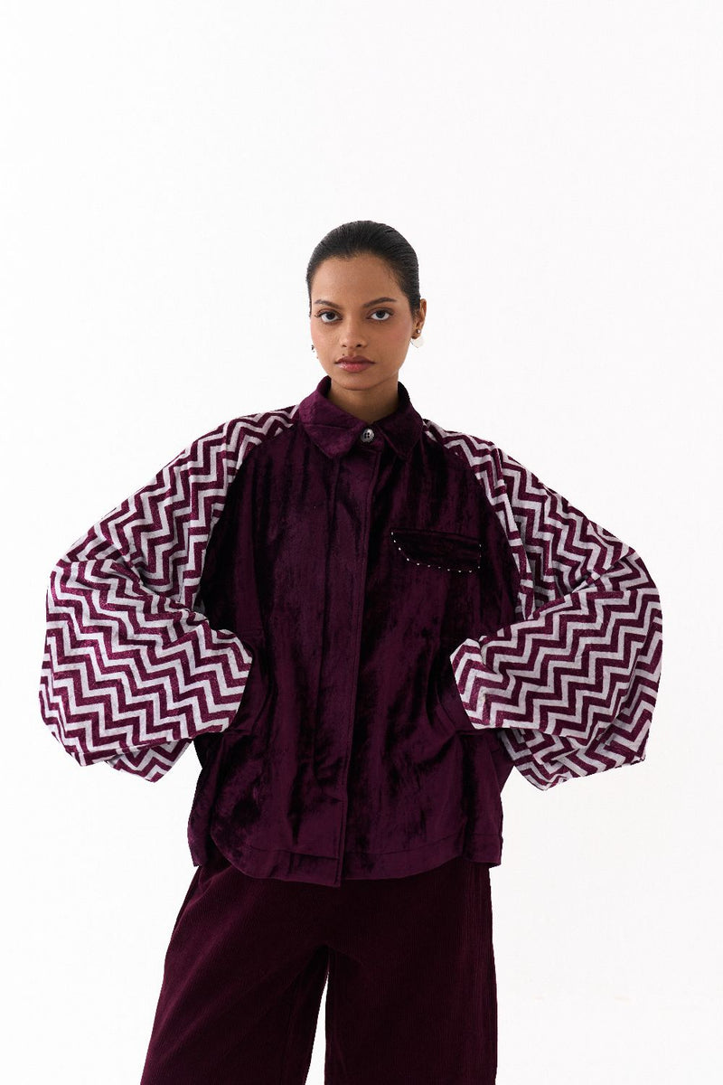 SHORT BAT SLEEVE JACKET CO ORD (SET OF 2)-WINE corduroy by THREE for women in Singapore