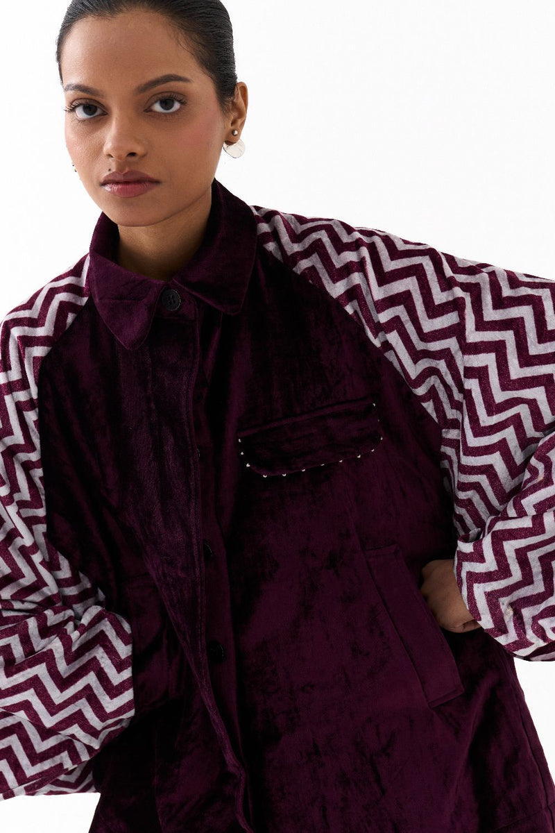 SHORT BAT SLEEVE JACKET CO ORD (SET OF 2)-WINE corduroy by THREE for women in Singapore