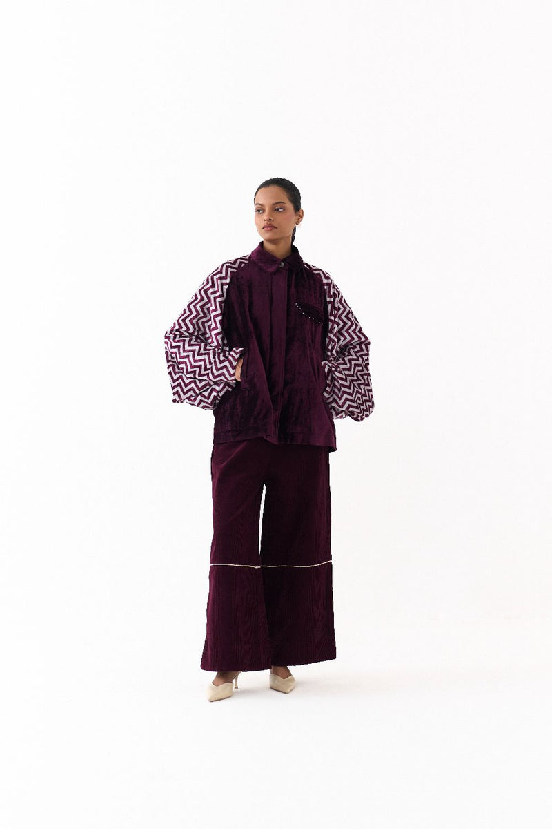 SHORT BAT SLEEVE JACKET CO ORD (SET OF 2)-WINE corduroy by THREE for women in Singapore
