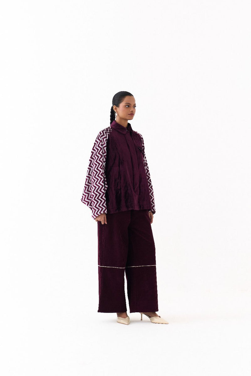 SHORT BAT SLEEVE JACKET CO ORD (SET OF 2)-WINE corduroy by THREE for women in Singapore