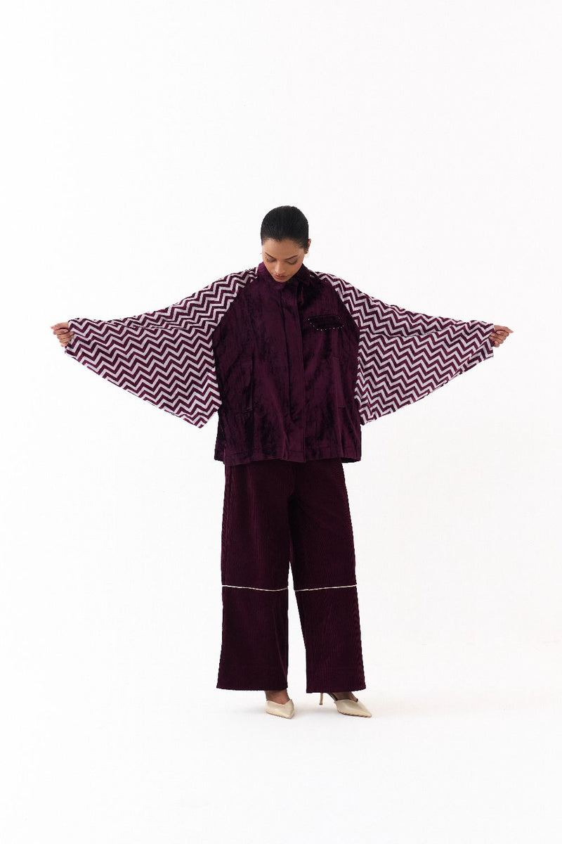 SHORT BAT SLEEVE JACKET CO ORD (SET OF 2)-WINE corduroy by THREE for women in Singapore