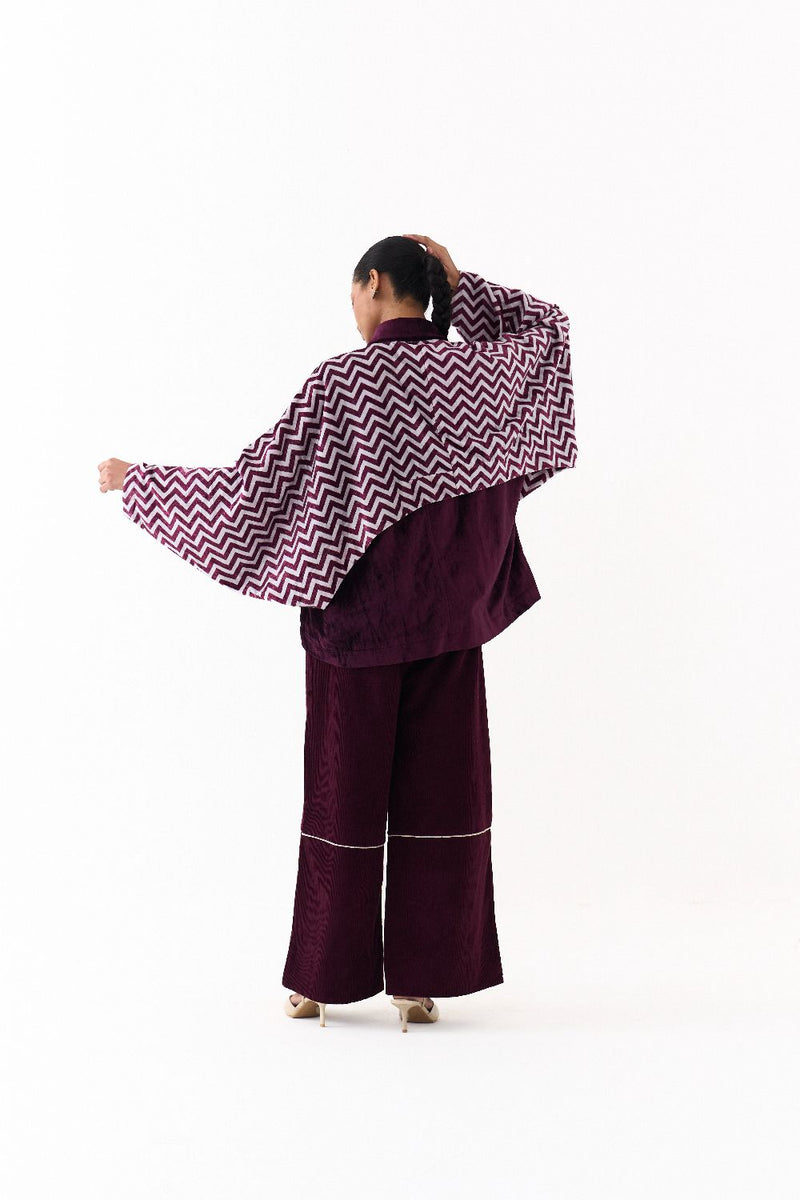 SHORT BAT SLEEVE JACKET CO ORD (SET OF 2)-WINE corduroy by THREE for women in Singapore