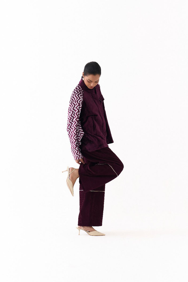 SHORT BAT SLEEVE JACKET CO ORD (SET OF 2)-WINE corduroy by THREE for women in Singapore