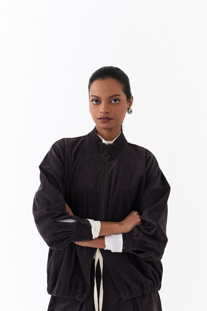 DRAWSTRING TOP-GREY corduroy by THREE in grey color for women in Singapore