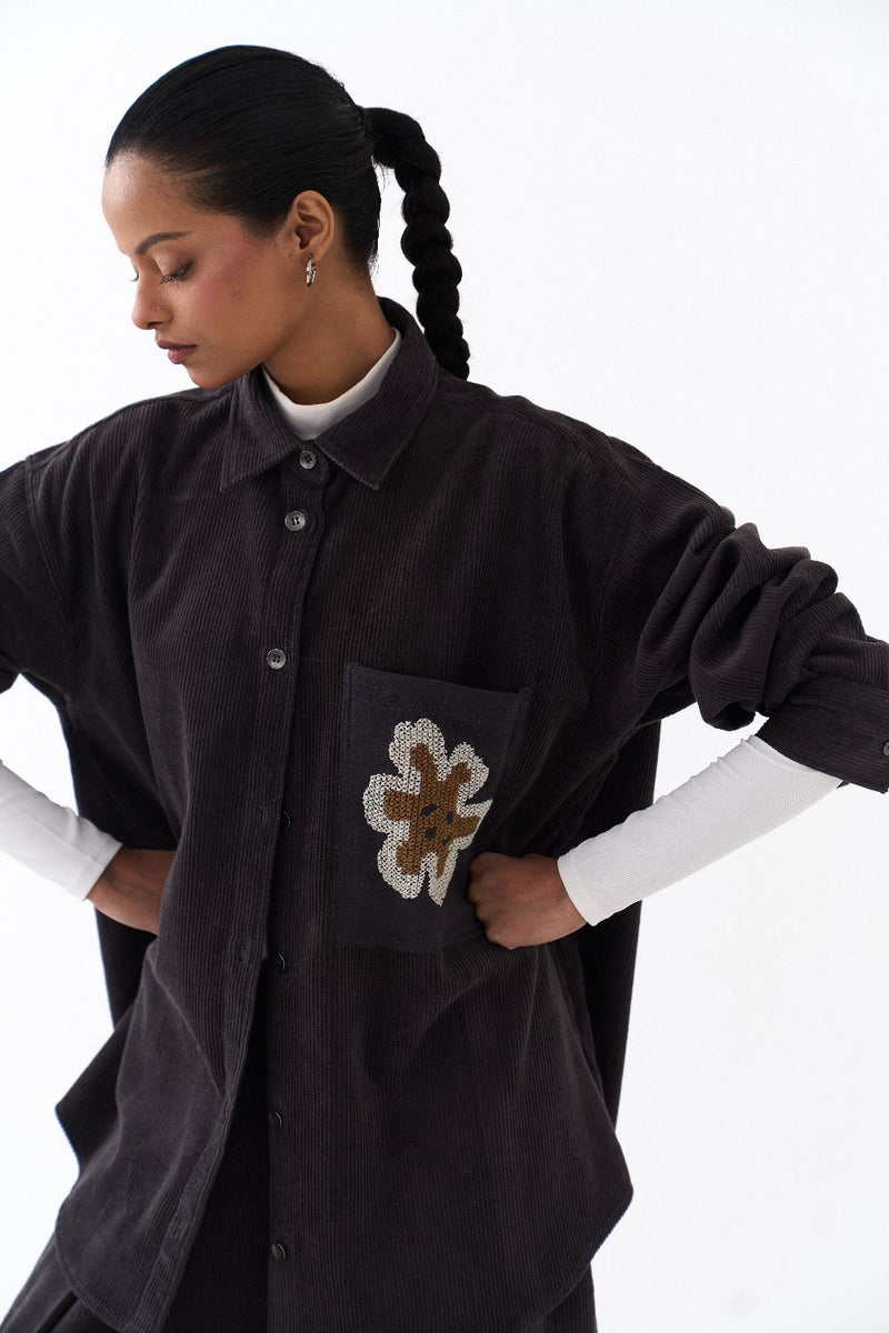 OVERSIZED U HEM SHIRT-GREY corduroy by THREE in grey color for women in Singapore
