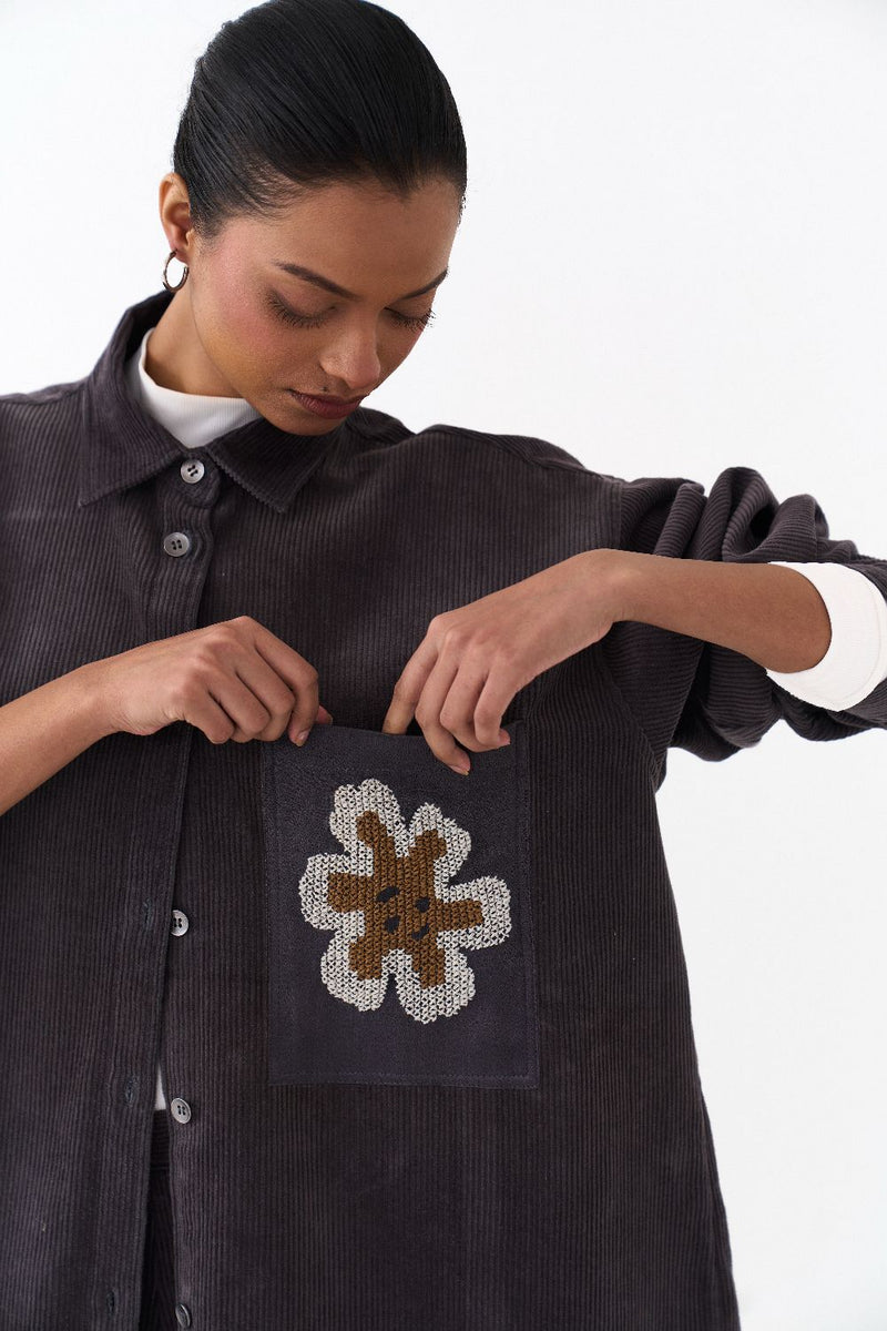 OVERSIZED U HEM SHIRT-GREY corduroy by THREE in grey color for women in Singapore