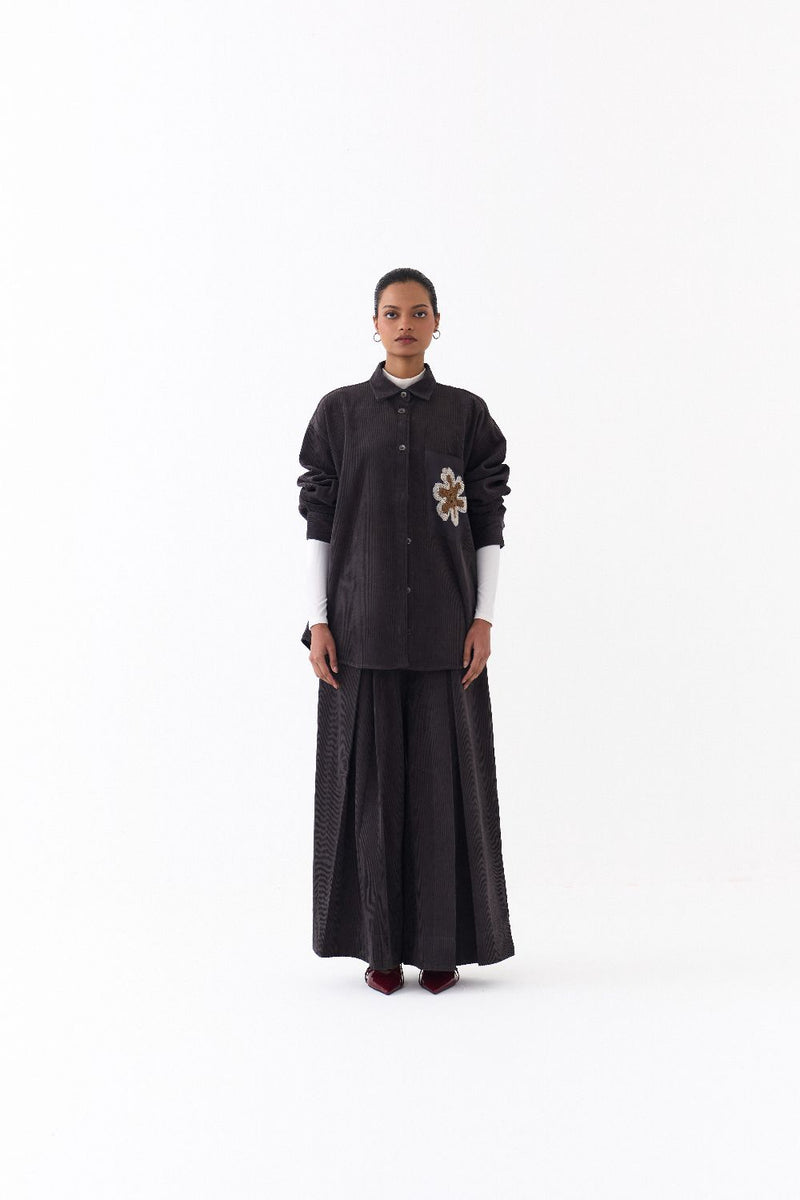 OVERSIZED U HEM SHIRT-GREY corduroy by THREE in grey color for women in Singapore