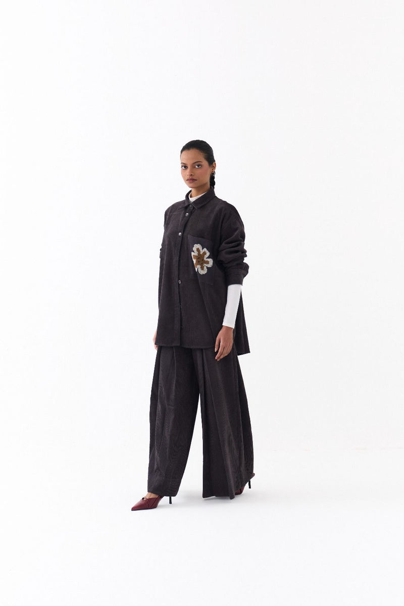OVERSIZED U HEM SHIRT-GREY corduroy by THREE in grey color for women in Singapore