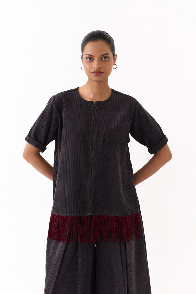 FRINGE SHACKET-GREY corduroy by THREE in grey color for women in Singapore