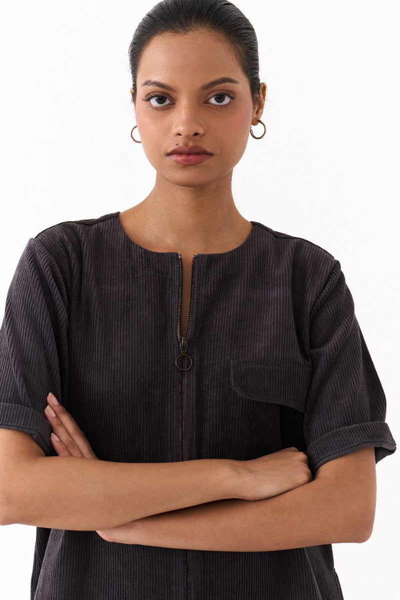 FRINGE SHACKET-GREY corduroy by THREE in grey color for women in Singapore