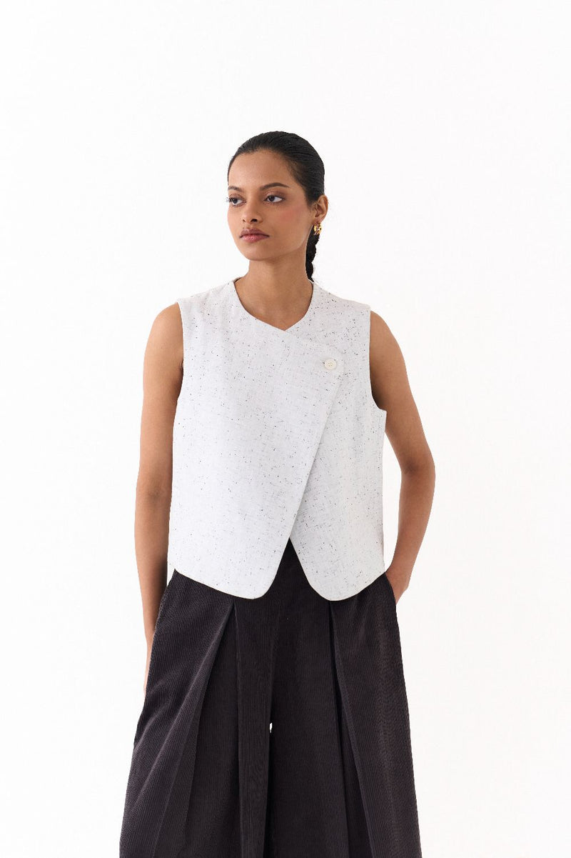 OVERLAP VEST CO-ORD (SET OF 2)-IVORY & GREY corduroy by THREE in grey color for women in Singapore