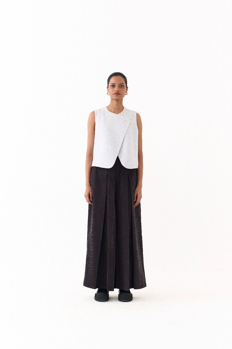OVERLAP VEST CO-ORD (SET OF 2)-IVORY & GREY corduroy by THREE in grey color for women in Singapore