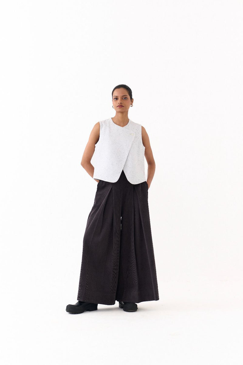 OVERLAP VEST CO-ORD (SET OF 2)-IVORY & GREY corduroy by THREE in grey color for women in Singapore