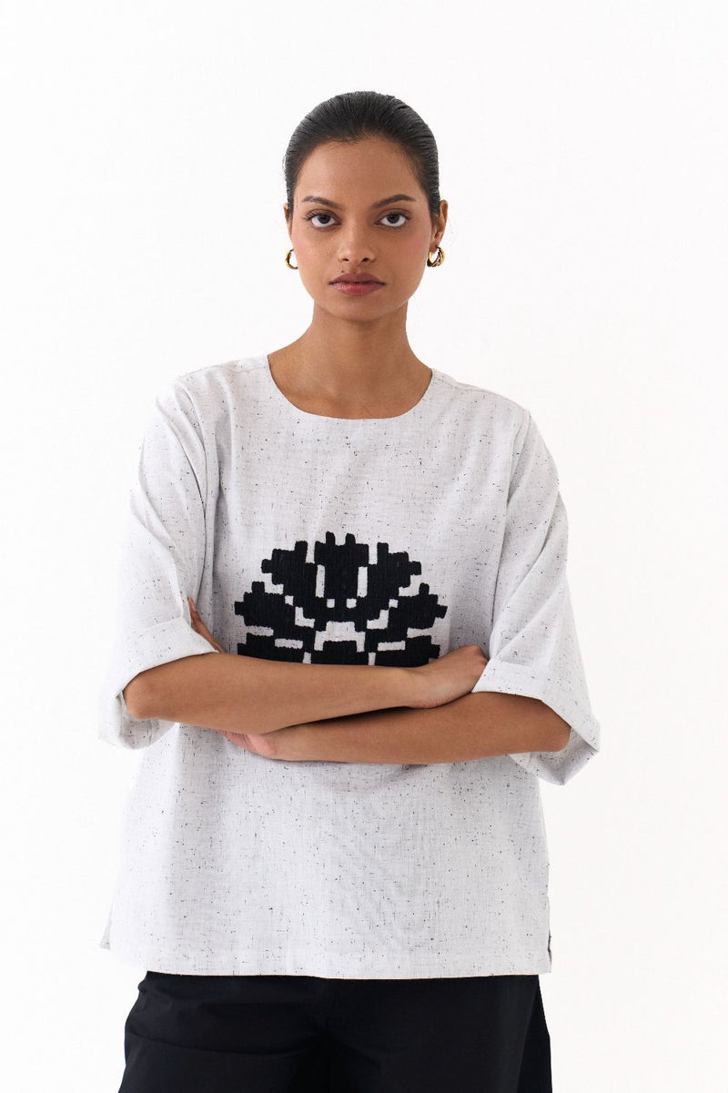WAVE EMB. TOP-SPLASH PRINT IVORY by THREE in ivory color for women in Singapore