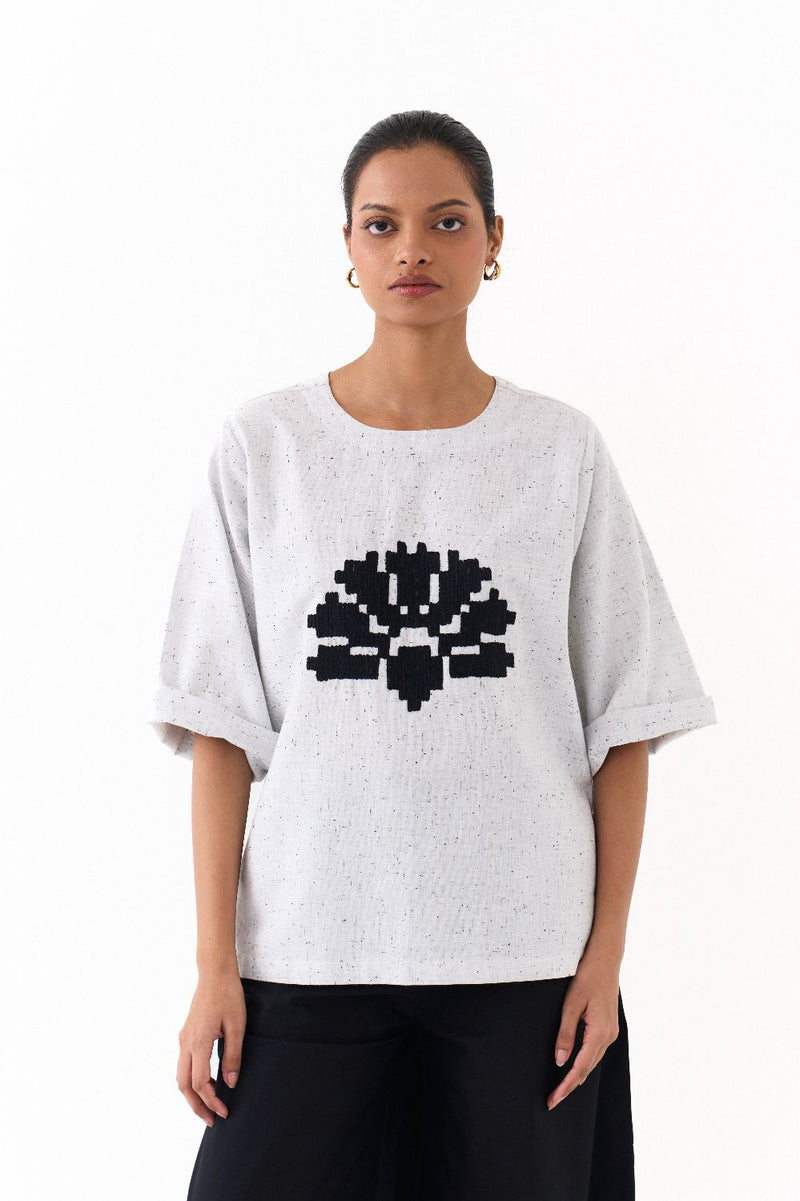 WAVE EMB. TOP-SPLASH PRINT IVORY by THREE in ivory color for women in Singapore