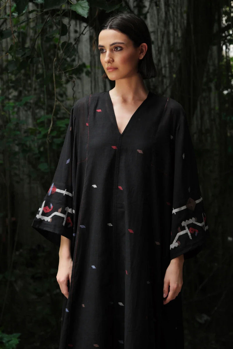 Aab e Rawan’ black Bengal muslin Jamdani tunic cotton jamdani kurta/kurta set by Malika Mathur in black for women in Singapore