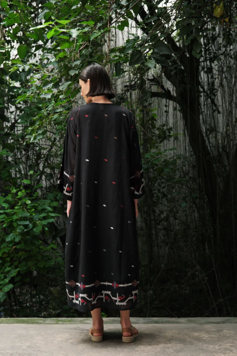 Aab e Rawan’ black Bengal muslin Jamdani tunic cotton jamdani kurta/kurta set by Malika Mathur in black for women in Singapore