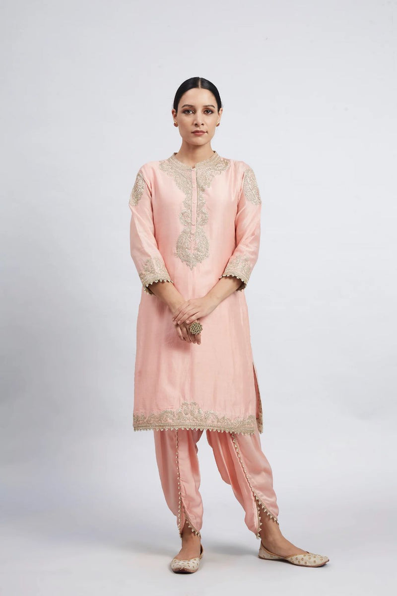 Aabisah Short kurta with dhoti-Carnation pink silk by SHEETAL BATRA in pink color for women in Singapore