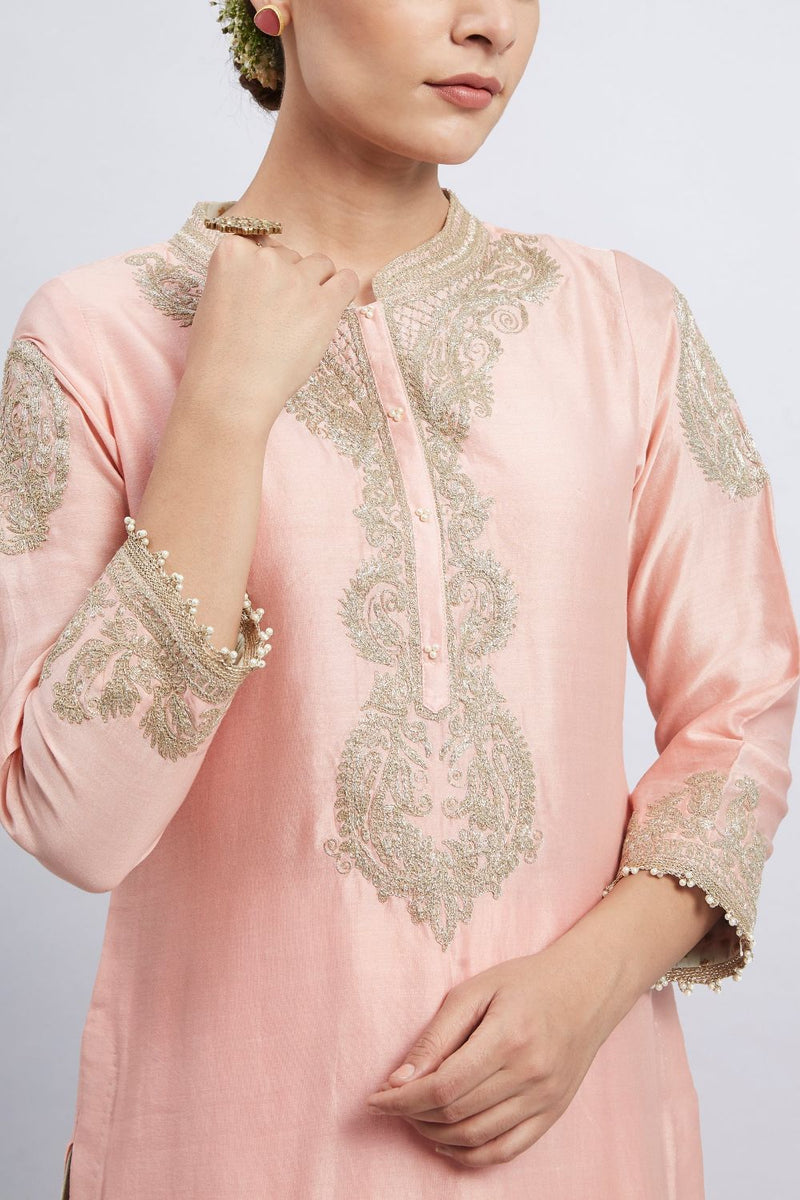 Aabisah Short kurta with dhoti-Carnation pink silk by SHEETAL BATRA in pink color for women in Singapore