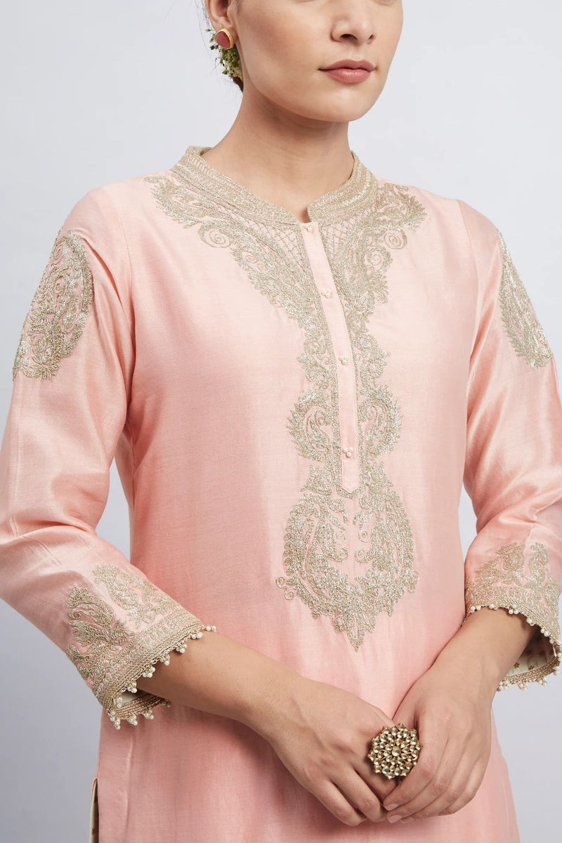 Aabisah Short kurta with dhoti-Carnation pink silk by SHEETAL BATRA in pink color for women in Singapore