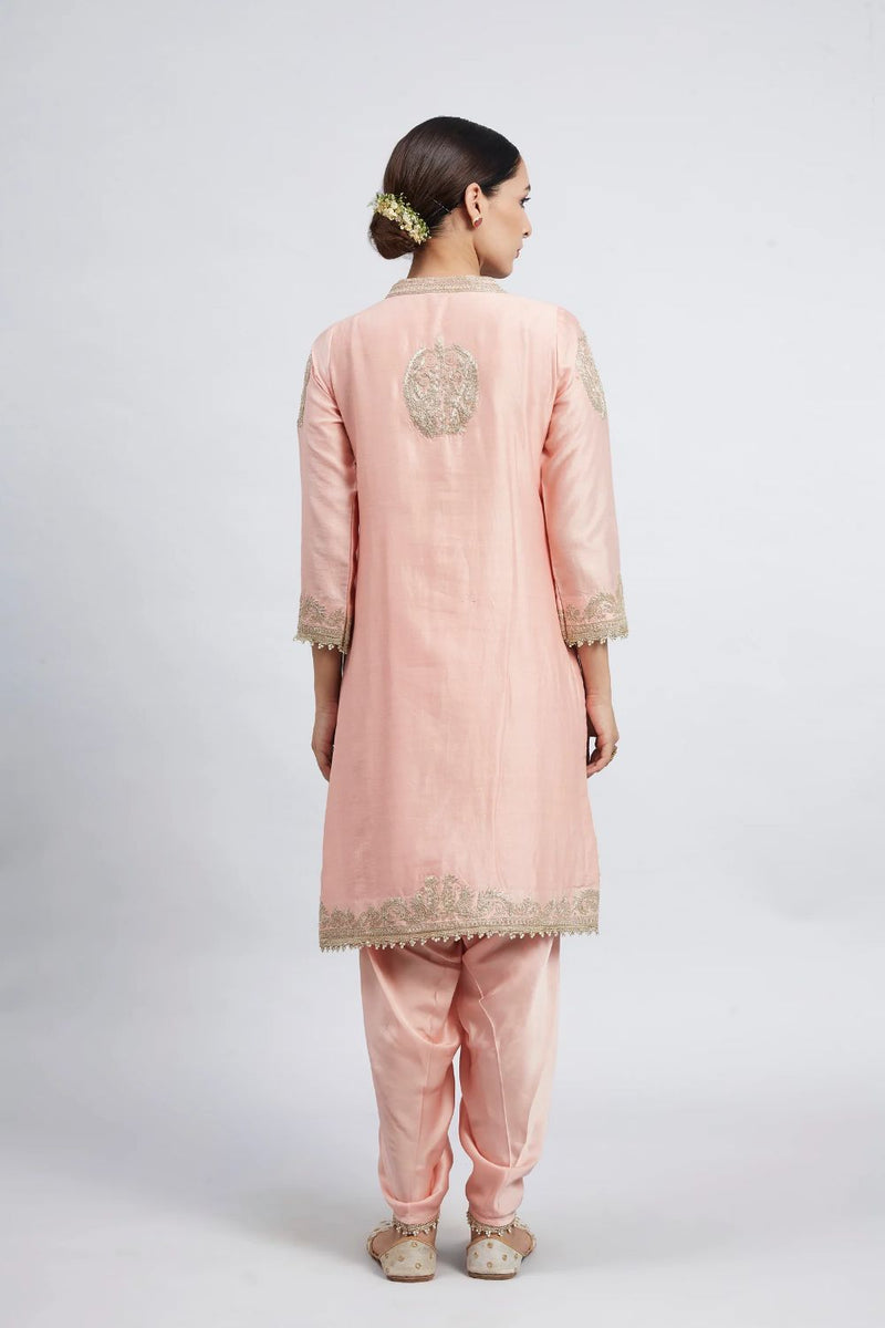 Aabisah Short kurta with dhoti-Carnation pink silk by SHEETAL BATRA in pink color for women in Singapore