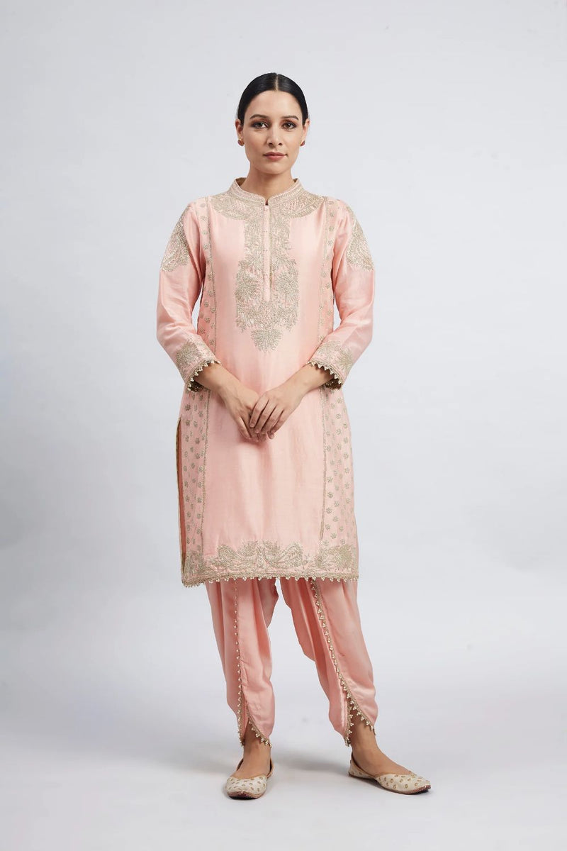 Aabish Short kurta with dhoti-Carnation pink silk by SHEETAL BATRA in pink color for women in Singapore