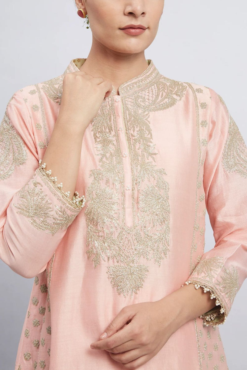 Aabish Short kurta with dhoti-Carnation pink silk by SHEETAL BATRA in pink color for women in Singapore