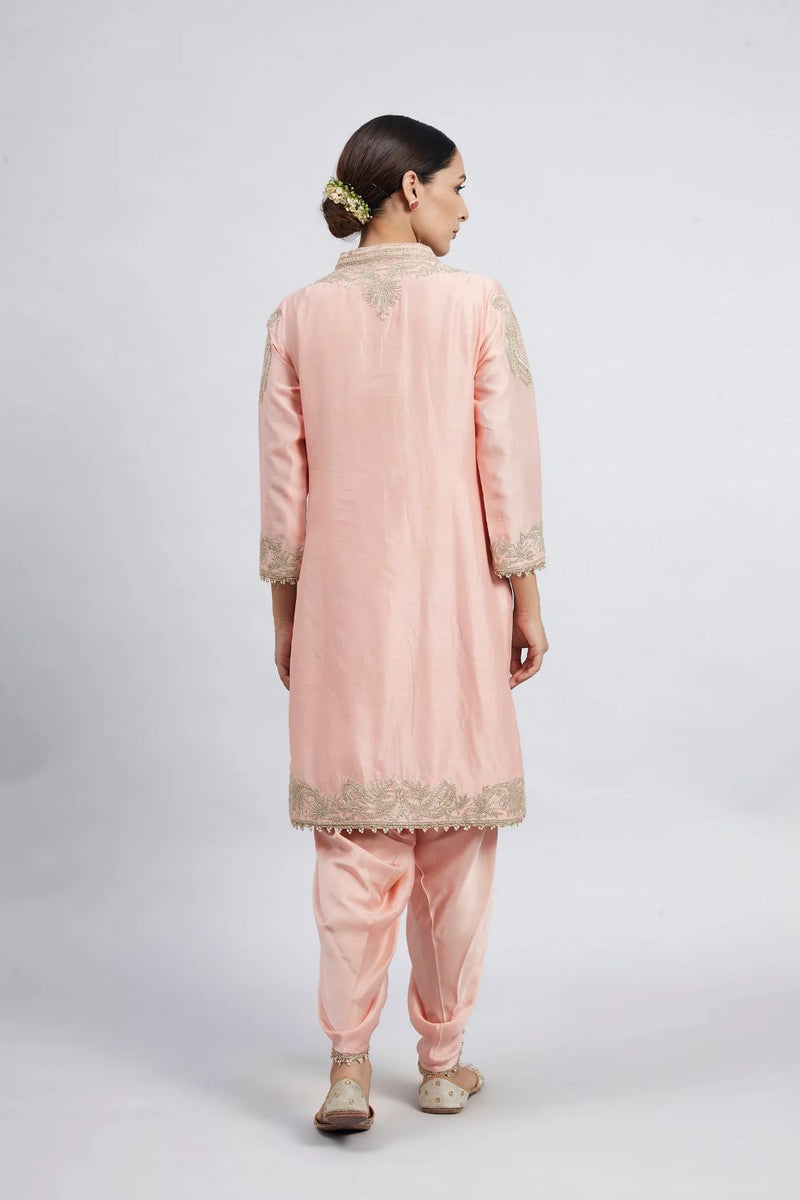 Aabish Short kurta with dhoti-Carnation pink silk by SHEETAL BATRA in pink color for women in Singapore
