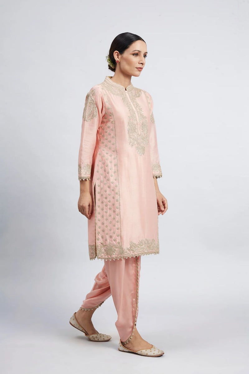 Aabish Short kurta with dhoti-Carnation pink silk by SHEETAL BATRA in pink color for women in Singapore