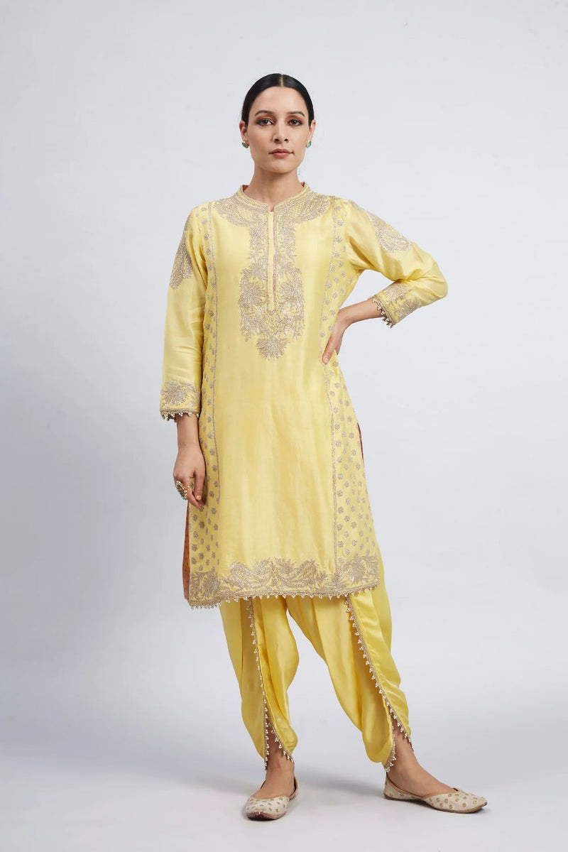 Aabish Short kurta with dhoti-Daffodil yellow silk by SHEETAL BATRA in yellow color for women in Singapore
