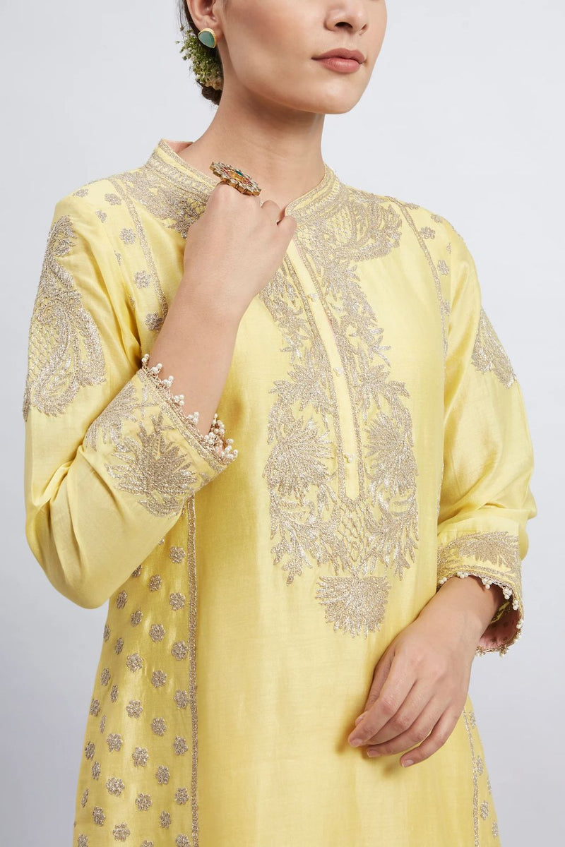 Aabish Short kurta with dhoti-Daffodil yellow silk by SHEETAL BATRA in yellow color for women in Singapore