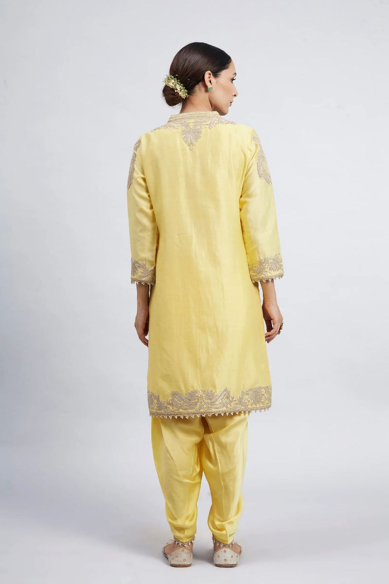 Aabish Short kurta with dhoti-Daffodil yellow silk by SHEETAL BATRA in yellow color for women in Singapore