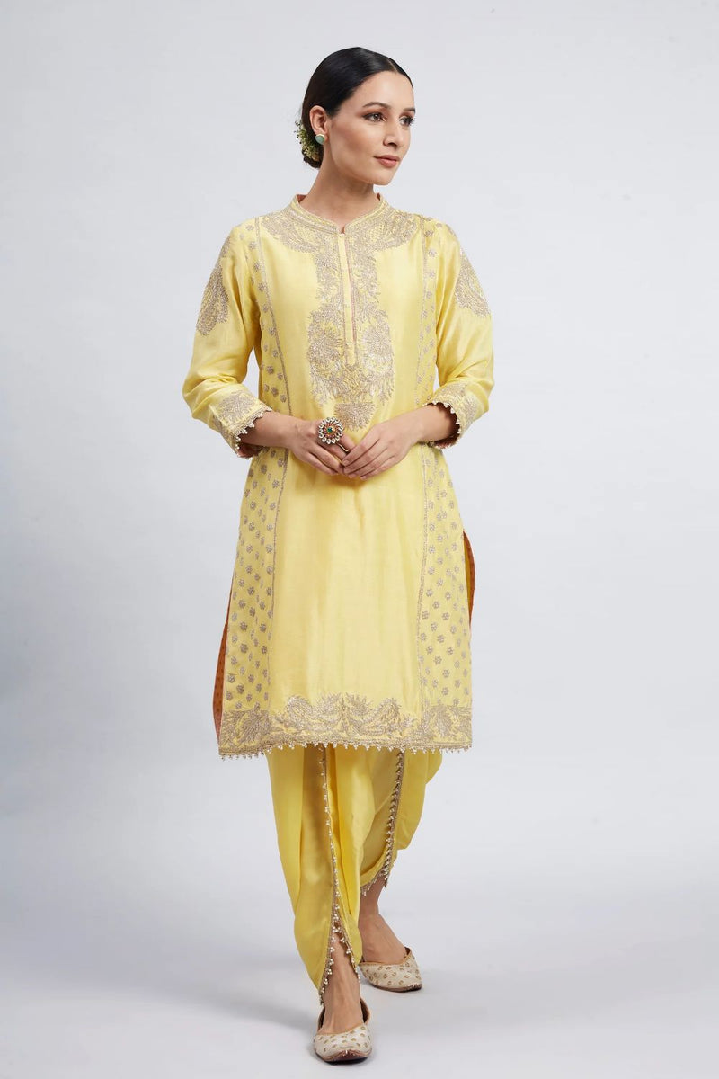 Aabish Short kurta with dhoti-Daffodil yellow silk by SHEETAL BATRA in yellow color for women in Singapore