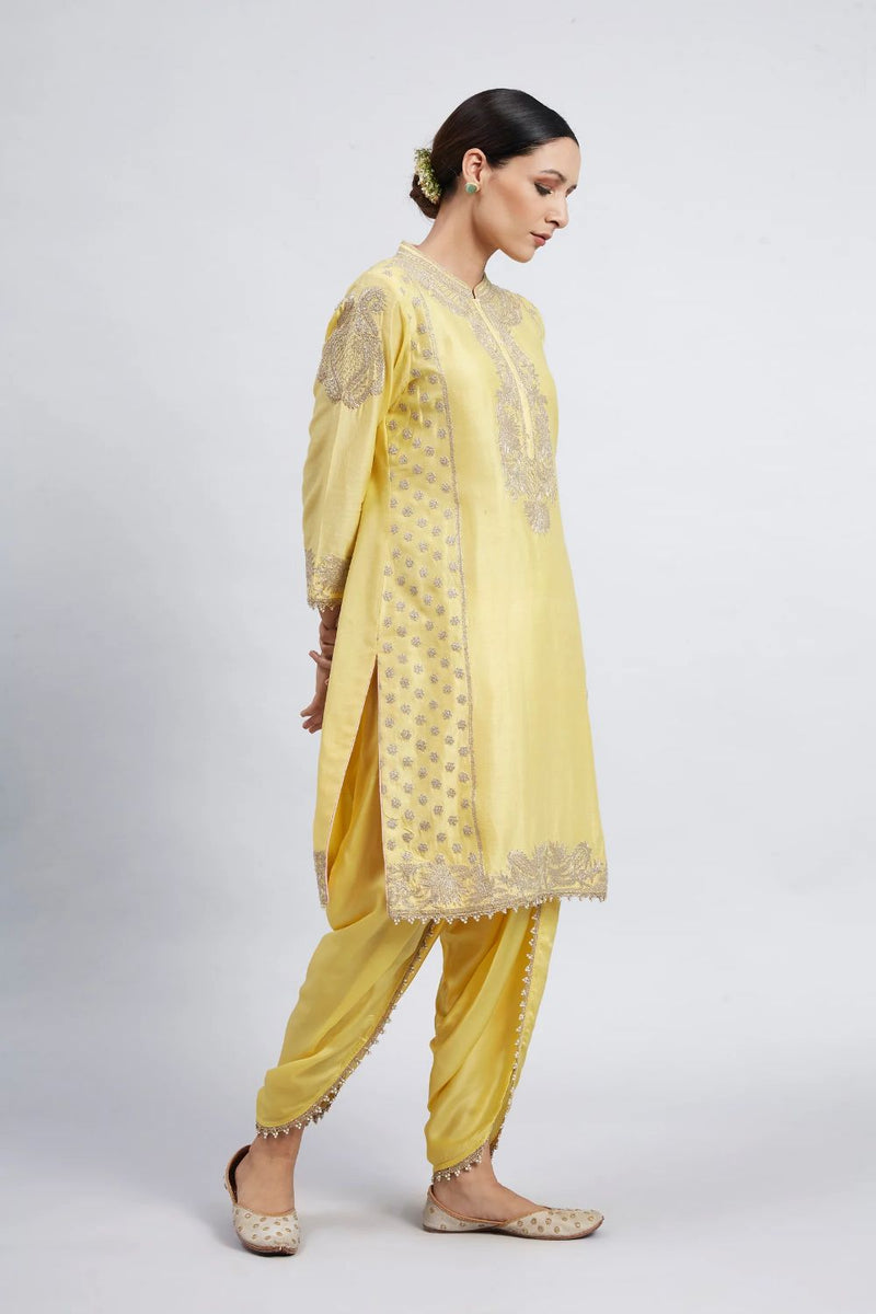 Aabish Short kurta with dhoti-Daffodil yellow silk by SHEETAL BATRA in yellow color for women in Singapore