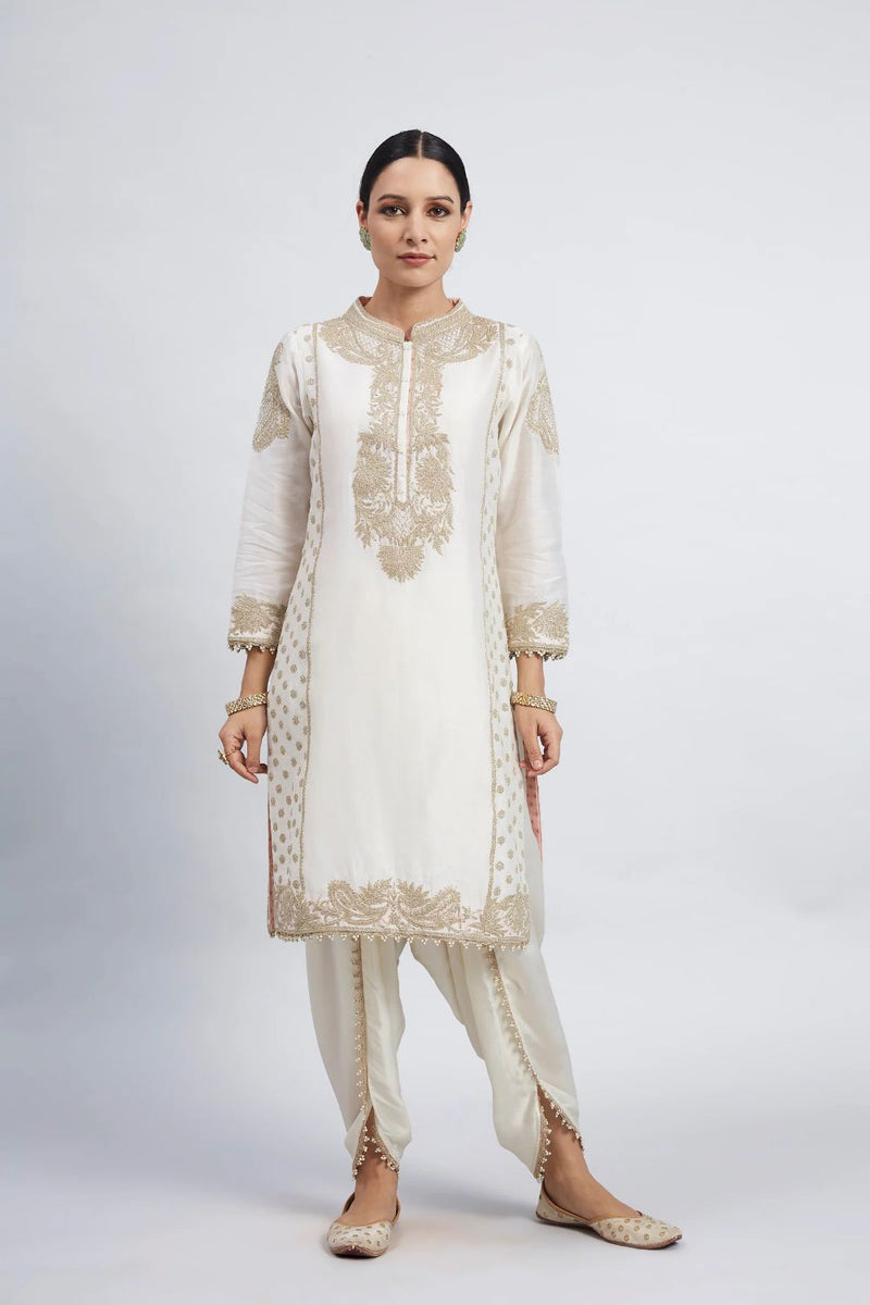 Aabish Short kurta with dhoti-Daisy Ivory silk by SHEETAL BATRA in ivory color for women in Singapore
