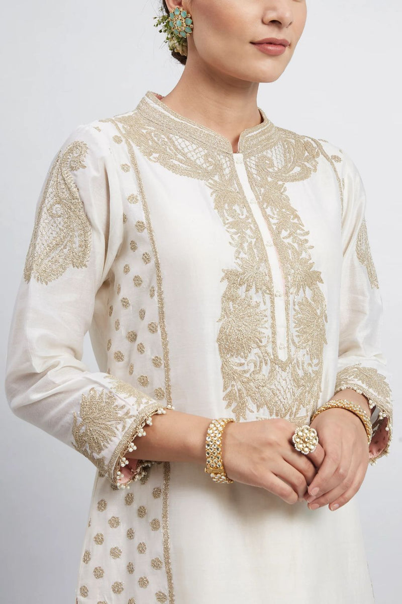 Aabish Short kurta with dhoti-Daisy Ivory silk by SHEETAL BATRA in ivory color for women in Singapore