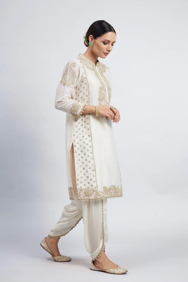Aabish Short kurta with dhoti-Daisy Ivory silk by SHEETAL BATRA in ivory color for women in Singapore
