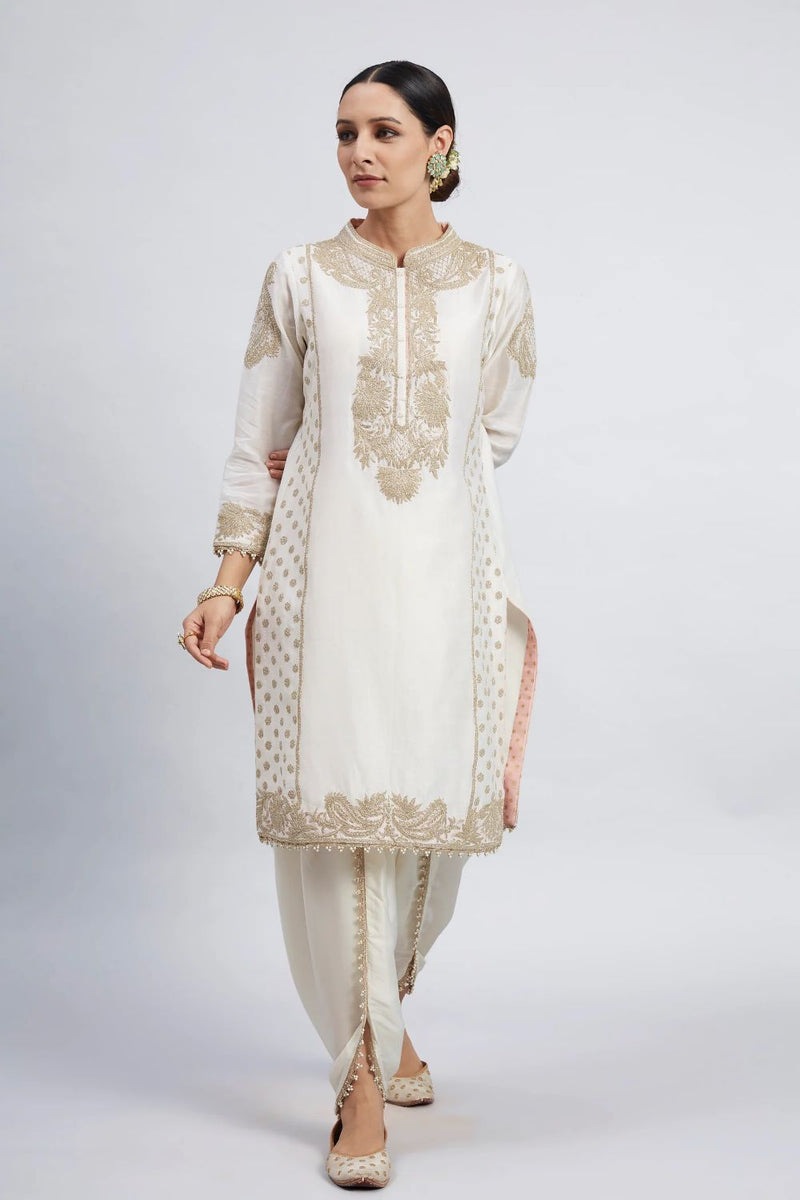 Aabish Short kurta with dhoti-Daisy Ivory silk by SHEETAL BATRA in ivory color for women in Singapore