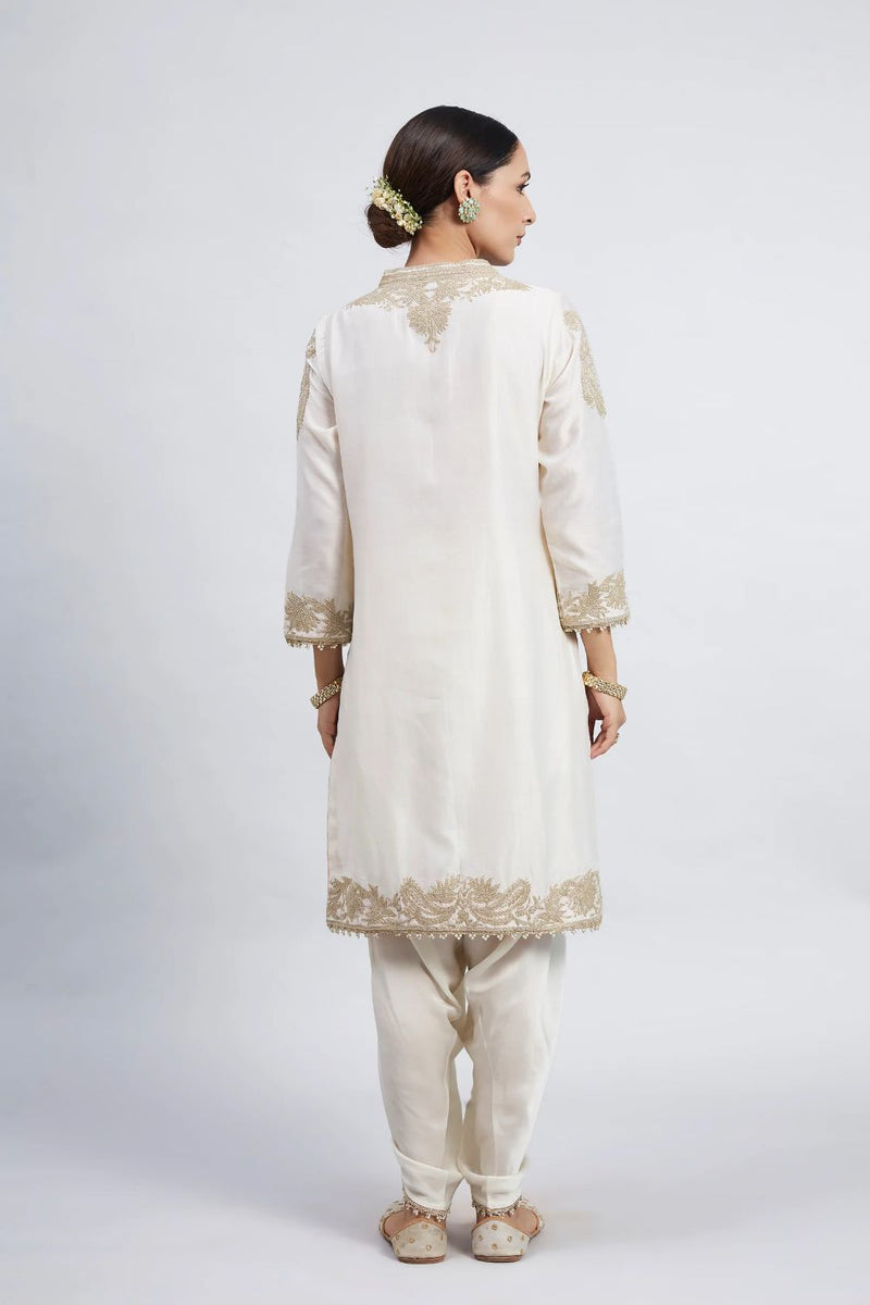Aabish Short kurta with dhoti-Daisy Ivory silk by SHEETAL BATRA in ivory color for women in Singapore