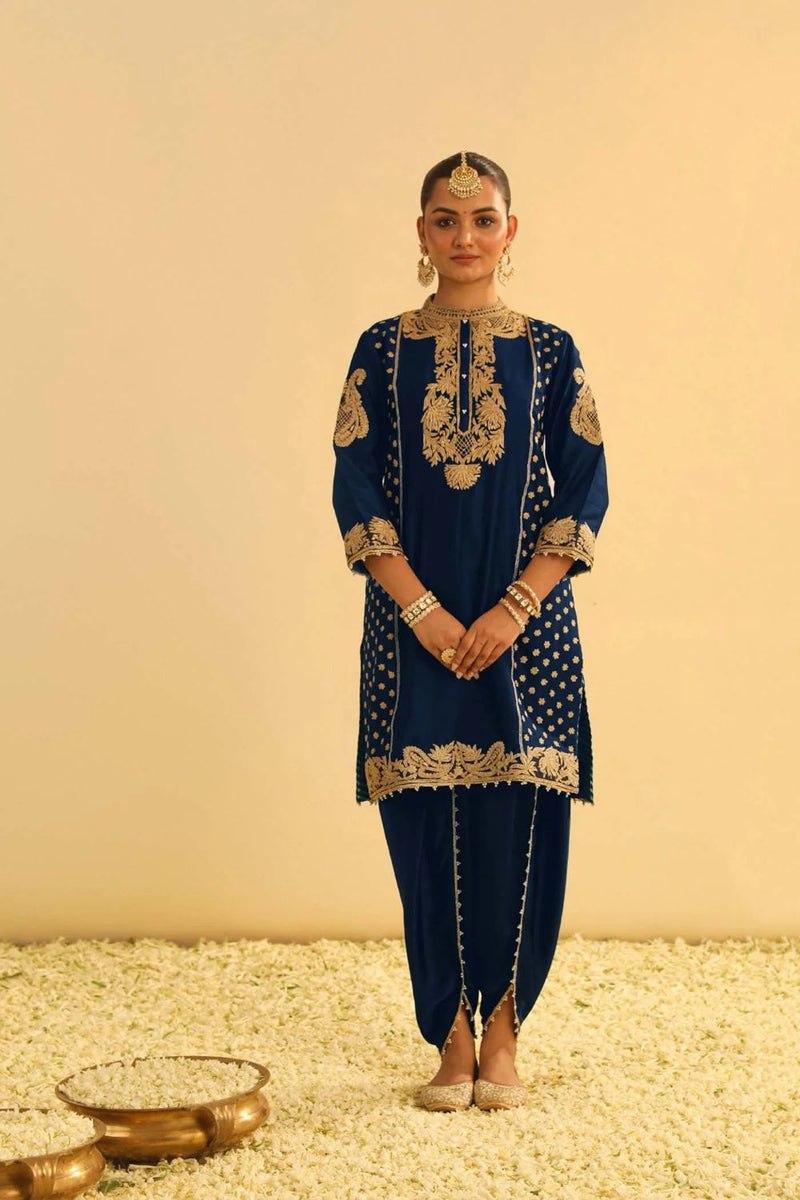 Aabish Short kurta with dhoti-Deep blue silk by SHEETAL BATRA in blue color for women in Singapore