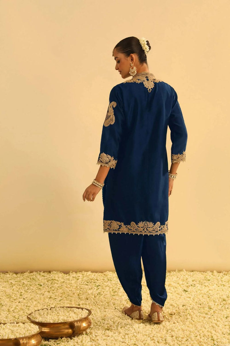 Aabish Short kurta with dhoti-Deep blue silk by SHEETAL BATRA in blue color for women in Singapore