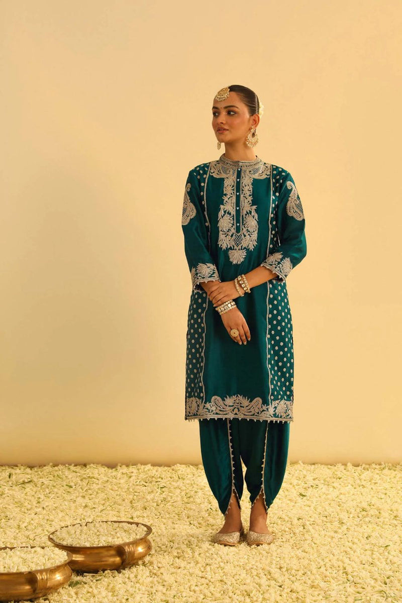 Aabish Short kurta with dhoti-Emerald green silk by SHEETAL BATRA for women in Singapore