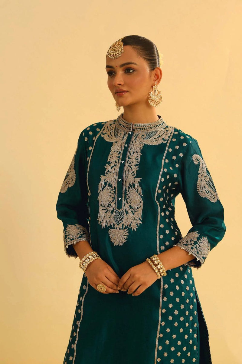 Aabish Short kurta with dhoti-Emerald green silk by SHEETAL BATRA for women in Singapore