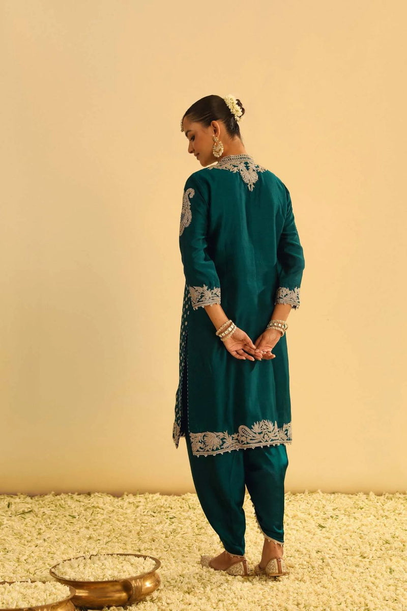 Aabish Short kurta with dhoti-Emerald green silk by SHEETAL BATRA for women in Singapore